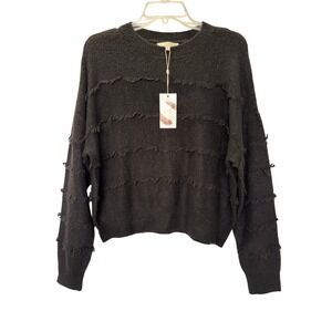 C&V Chelsea Violet Black Textured Fringe Knit Sweater Women's Size Large